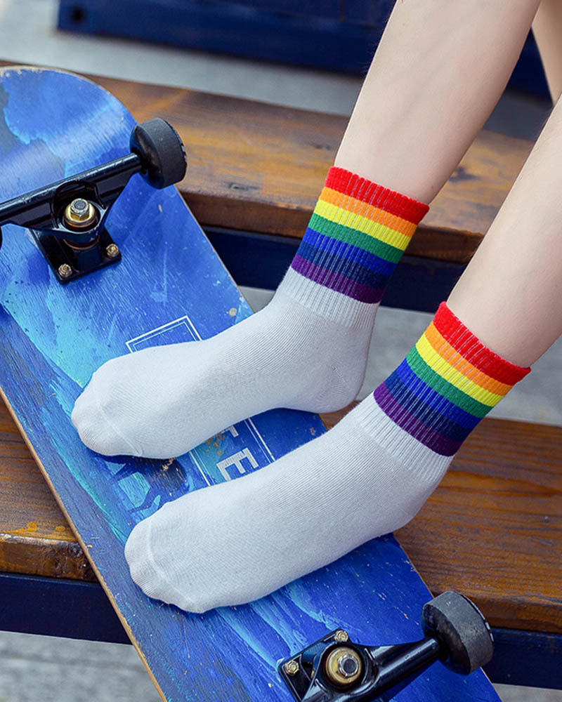 White Thick Rainbow Striped Unisex Sport Crew Socks Super X Studio